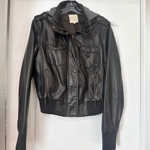 Thread & Supply  Bomber faux vegan leather jacket with grey hoodie. Medium